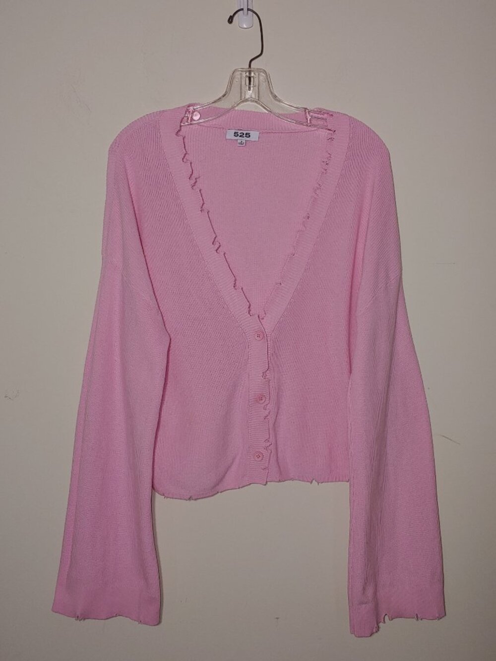 525 America Pink V-Neck Button-Up Distressed Hem and Cuffs Cardigan Sz S Pink